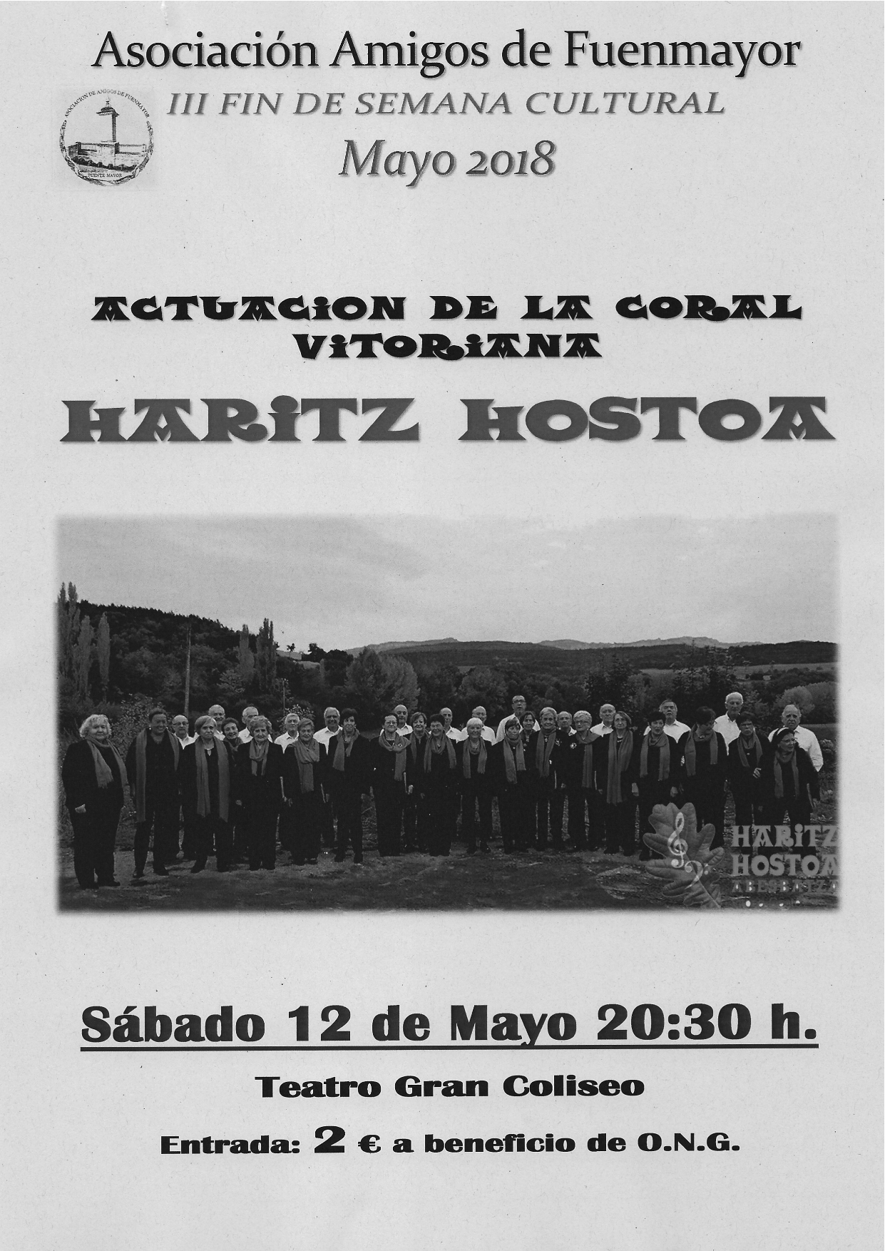 Dentro de la III Semana Cultural de Fuenmayor (La Rioja) Actuación de HARITZ HOSTOA ABESBATZA el día 12 de mayo a las 20:30 en el Teatro Gran Coliseo de Fuenmayor