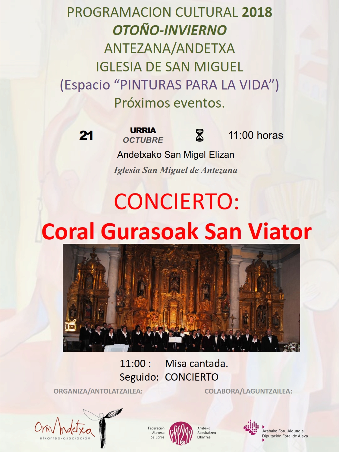 PROGRAMACION CULTURAL 2018, concierto Coral Gurasoak San Viator, el proximo domingo 21, a las 11:00h Iglesia San Miguel de Antezana