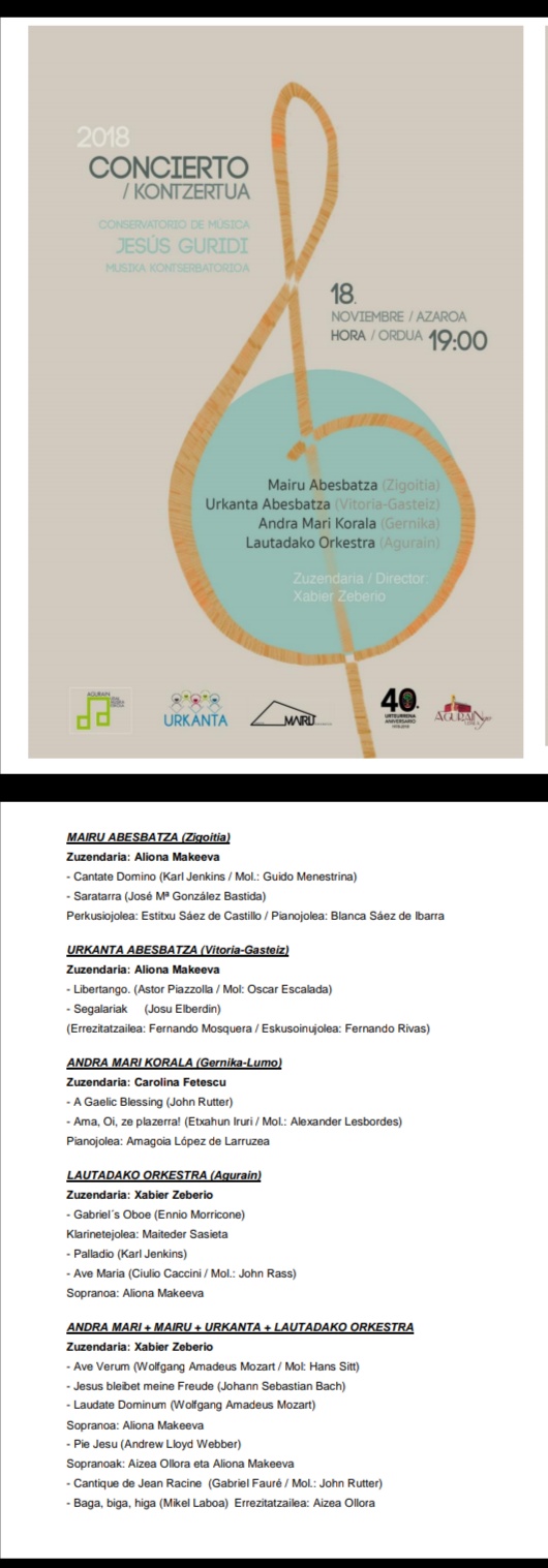CONCIERTO: Mairu Abesbatza, que junto con Urkanta Abesbatza( de Vitoria-Gasteiz), Andra Mari Korala ( de Gernika) y Lautadako Orkestra ( de Agurain) se celebrará en el Aula Magna del Conservatorio de Vitoria-Gasteiz el próximo 18 de Noviembre a las 19:00 horas