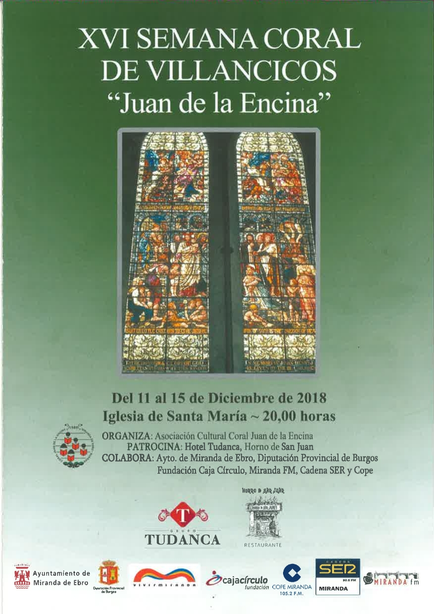 XVI SEMANA CORAL DE VILLANCICOS «Juan de la Encina», del 11 al 15 de diciembre 2018, Iglesia de Santa Maria a las 20:00 horas.