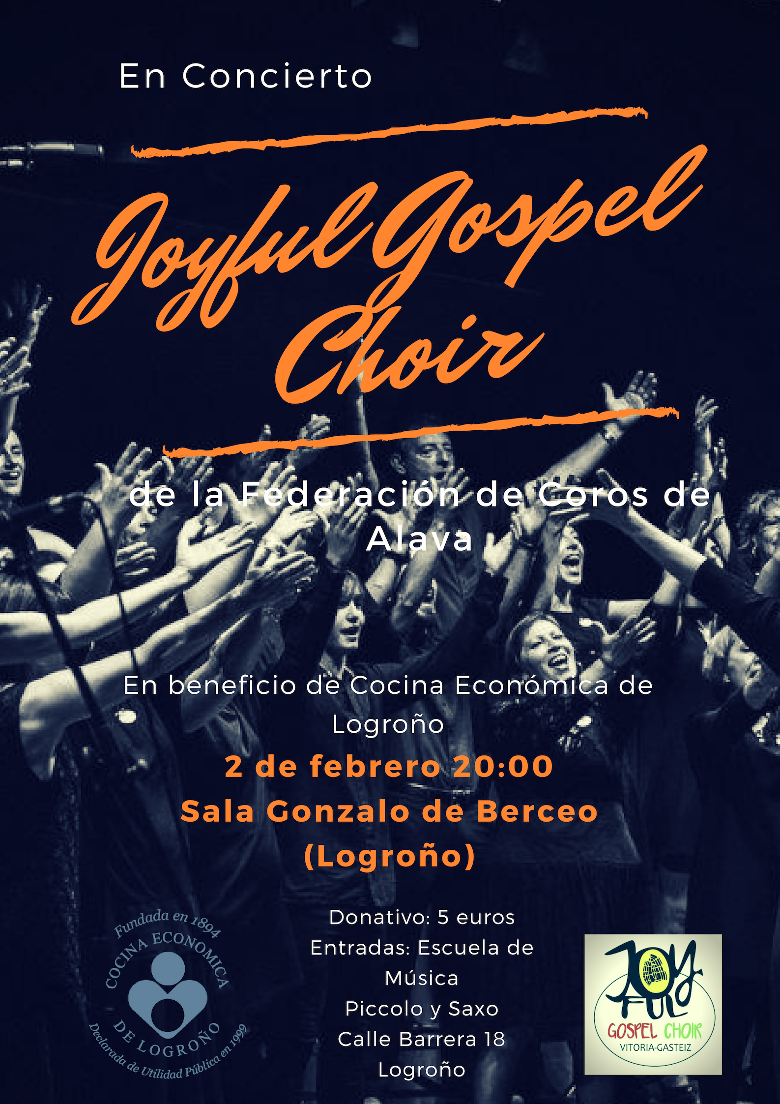 Joyful Gospel Choir en concierto!  Nos vamos a Logroño! ️ Sábado 2 de febrero a las 20:00h.  Sala Gonzalo de Berceo, a favor de Cocina Económica de Logroño, comedor social desde 1894