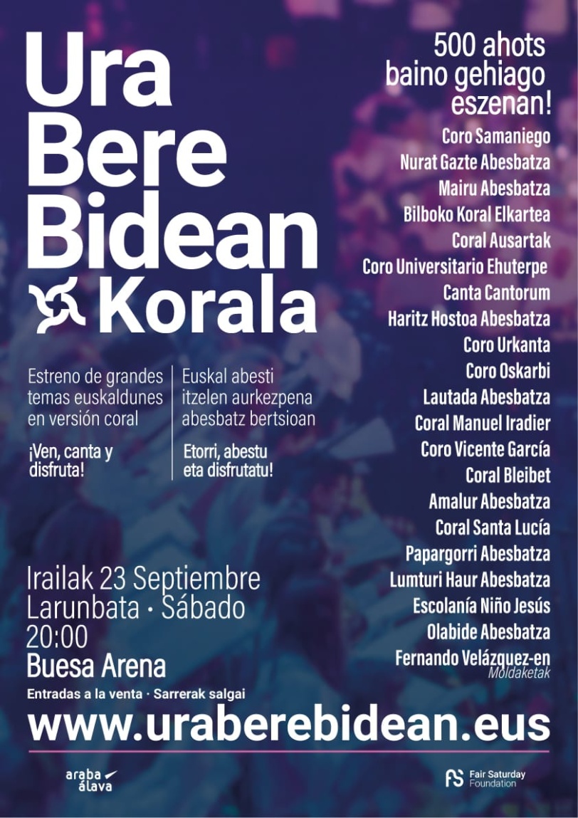 Este sábado 23 de septiembre, algunos de nuestros coros federados participarán en este evento donde la música coral estará presente. Les acompañaran artista como Maren, ETS, Idoia y Gatibu.