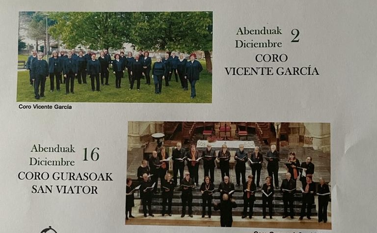 La cofradía Amigos de San Prudencio organiza un doble concierto de Navidad, con el Coro Vicente Garcia y el Coro Gurasoak San Viator, sábados 2 y 16 de diciembre en la Basilica de Armentia