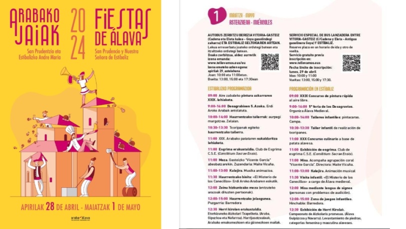 El Coro Vicente Garcia de Vitoria-Gasteiz cantará la misa del 1 de mayo de 2024 dentro de la Festividad de San Prudencio y Nuestra Señora de Estibaliz. La misa será a las 11.00 de la mañana.