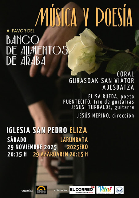 La Coral Gurasoak-San Viator organiza el próximo sábado 29 de noviembre de 2025, a las 20:15 horas, en la Iglesia de San Pedro, el décimo concierto solidario a beneficio del Banco de Alimentos de Álava.